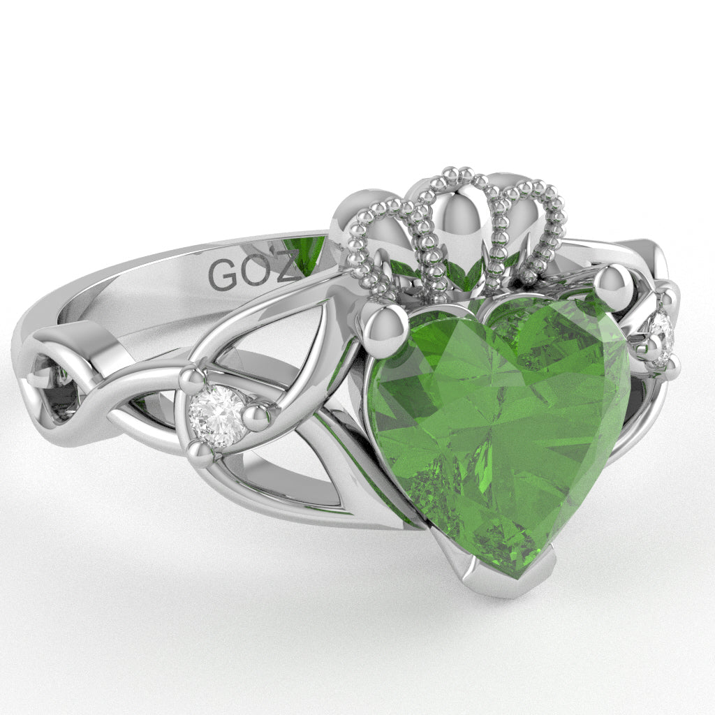 Celtic Trinity Knot Claddagh Heart Peridot Diamond Ring In 10k White Gold
