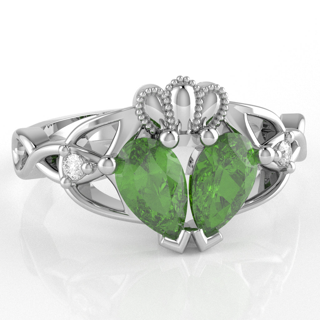 Peridot Diamond Celtic Knot Heart Claddagh Ring In 14k White Gold