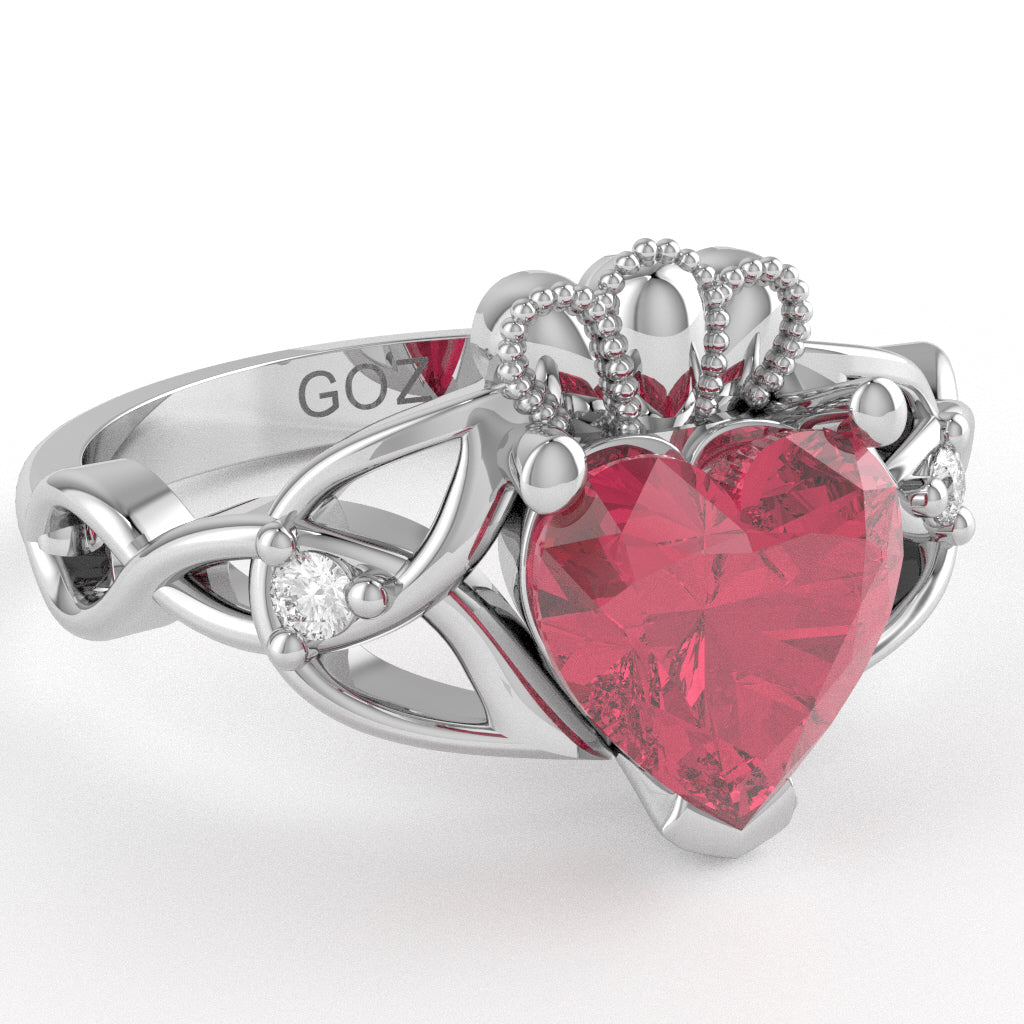 Celtic Trinity Knot Claddagh Heart Pink Tourmaline Diamond Ring In 14k White Gold