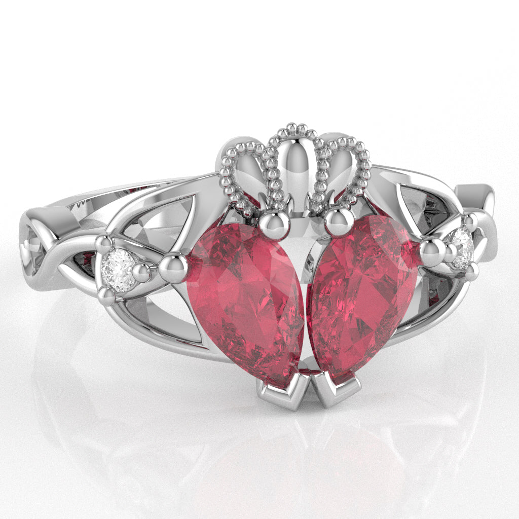 Pink Tourmaline Diamond Celtic Knot Heart Claddagh Ring In 10k White Gold