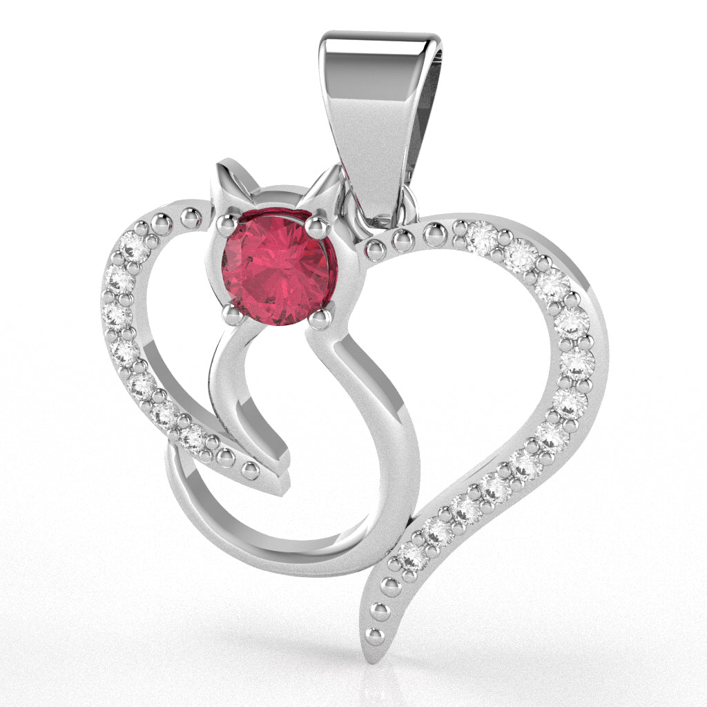 Pink Tourmaline Diamond  Cat Love Heart Pendant In 14k White Gold
