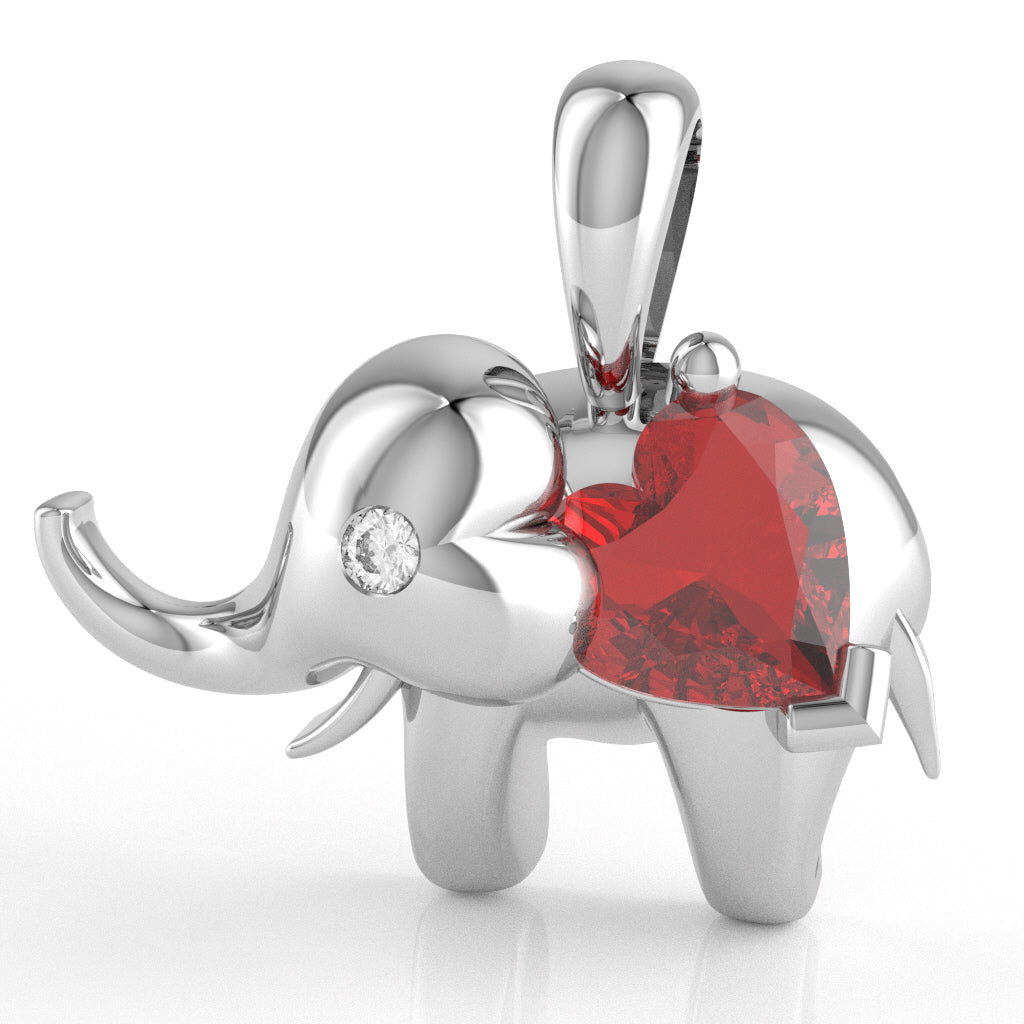 Ruby Diamond Elephant Heart Birthstone Pendant In 14k White Gold
