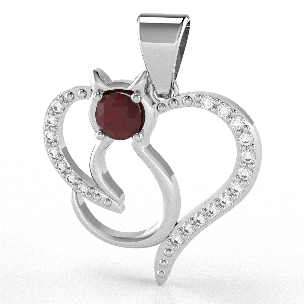 Ruby Diamond  Cat Love Heart Pendant In 14k White Gold