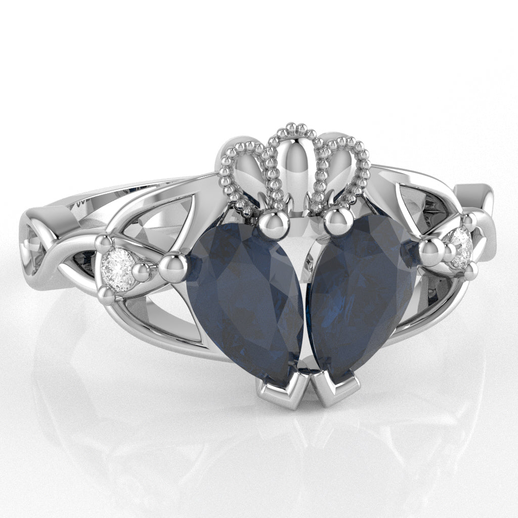 Sapphire Diamond Celtic Knot Heart Claddagh Ring In 14k White Gold