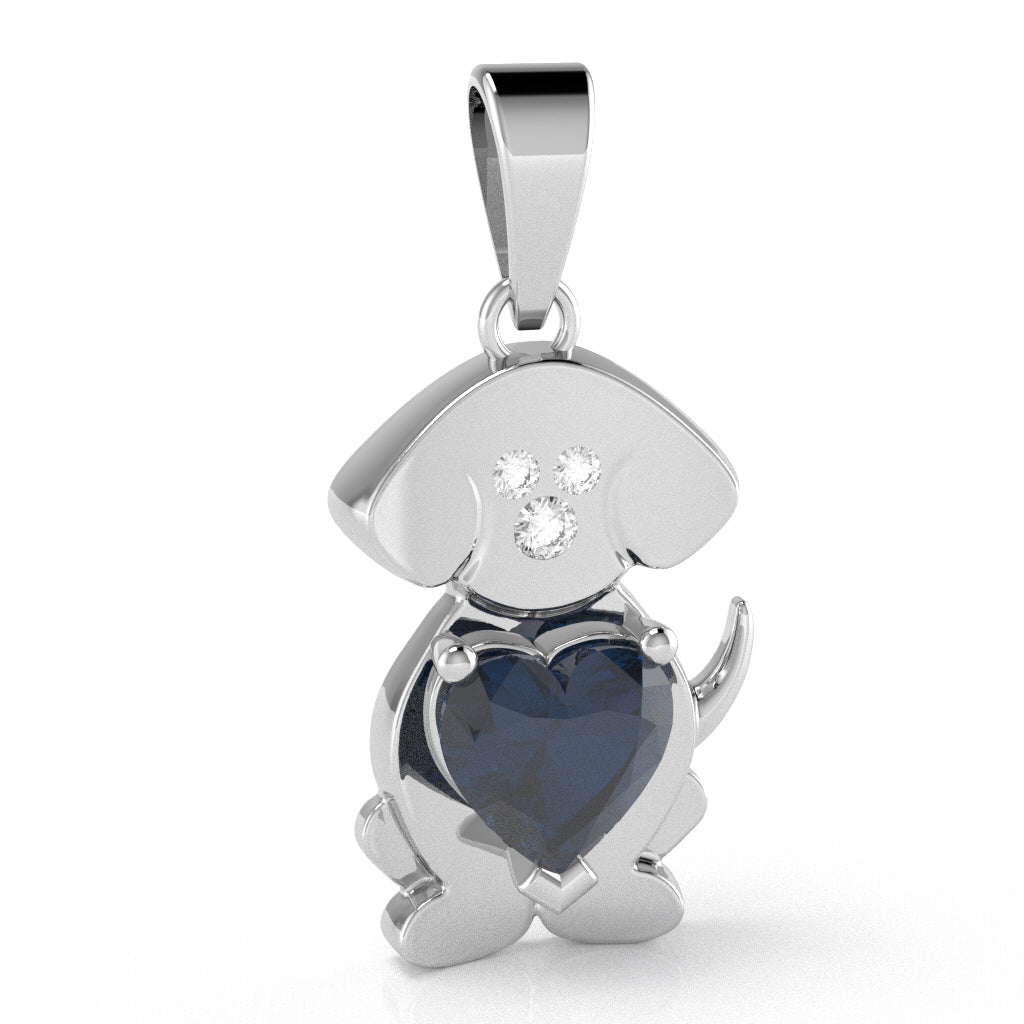Lab-Created Sapphire Diamond  Puppy Love Heart Pendant In 10k White Gold