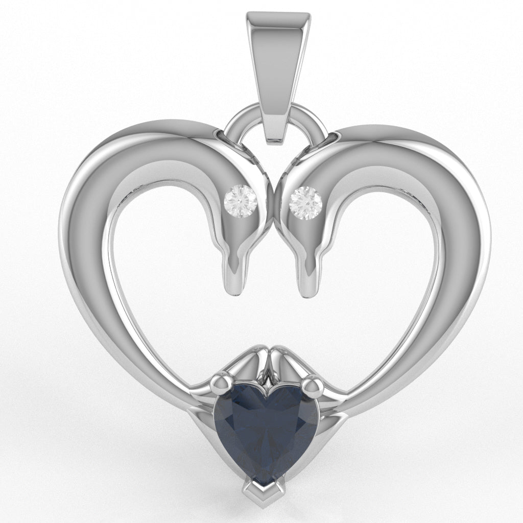 Sapphire Diamond  2 Dolphins Heart Love Pendant In 10k White Gold