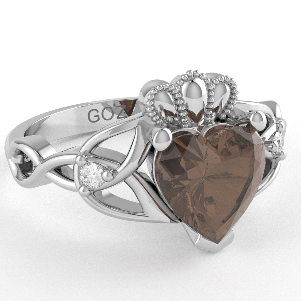Celtic Trinity Knot Claddagh Heart Smoky Quartz Diamond Ring In 14k White Gold
