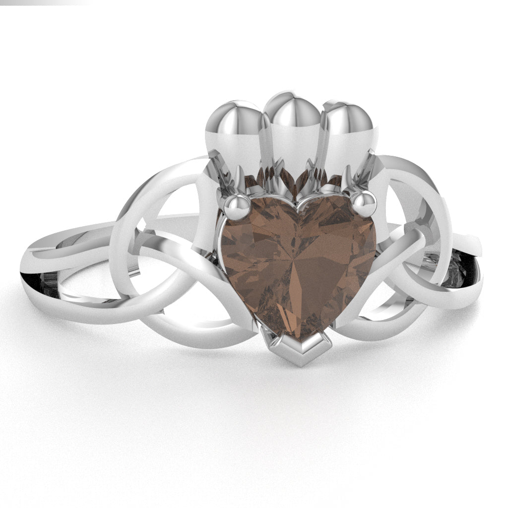 Celtic Trinity Knot Claddagh Smoky Quartz Engagement Ring In 10k White Gold