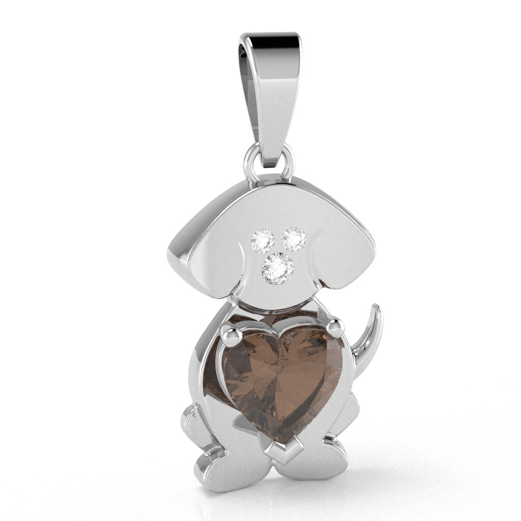 Smoky Quartz Diamond  Puppy Love Heart Pendant In 14k White Gold