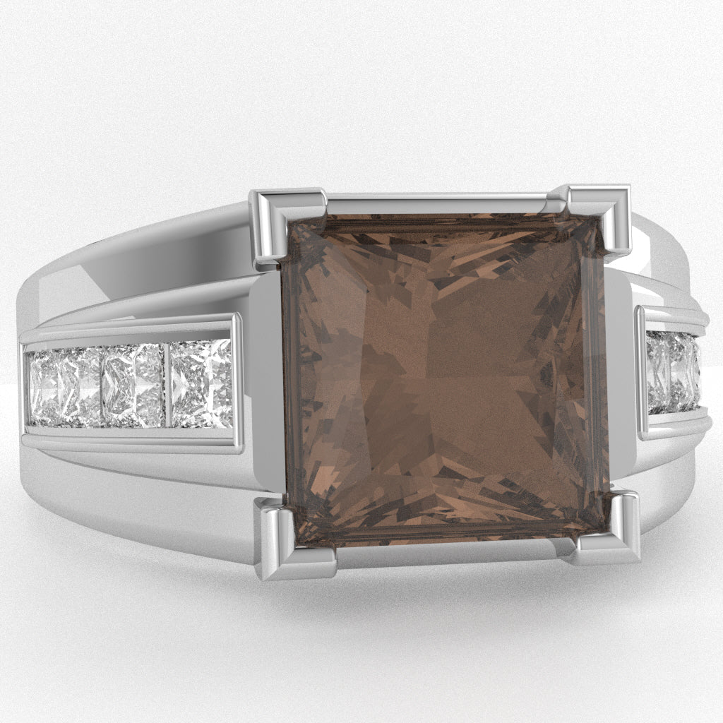 Men's Big Daddy Smoky Quartz Lab-Grown Diamond Channel Ring In Solid 14k White Gold