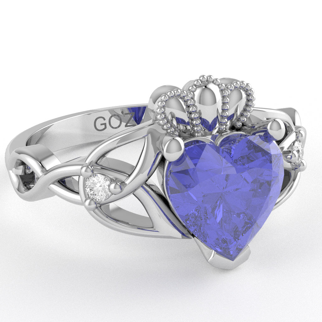 Celtic Trinity Knot Claddagh Heart Tanzanite Diamond Ring In 14k White Gold