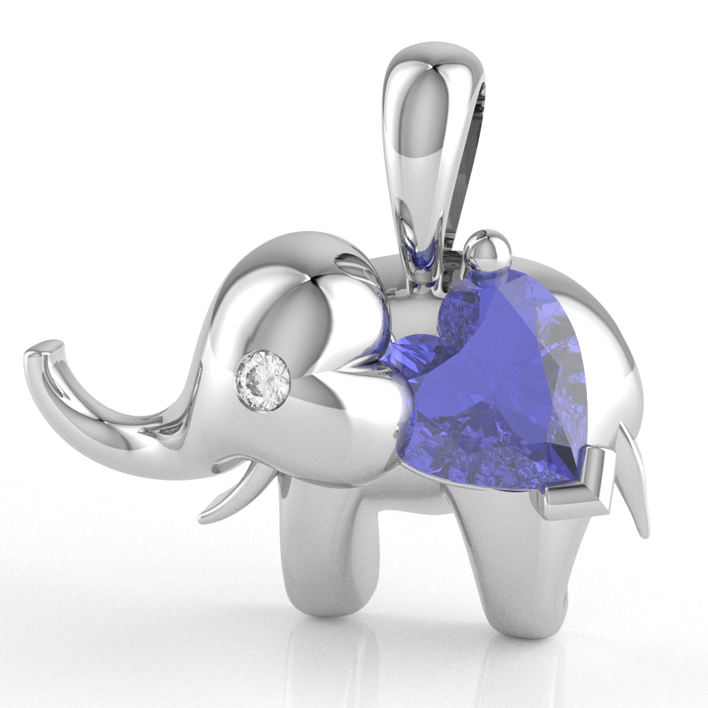 Tanzanite Diamond Elephant Heart Birthstone Pendant In 14k White Gold