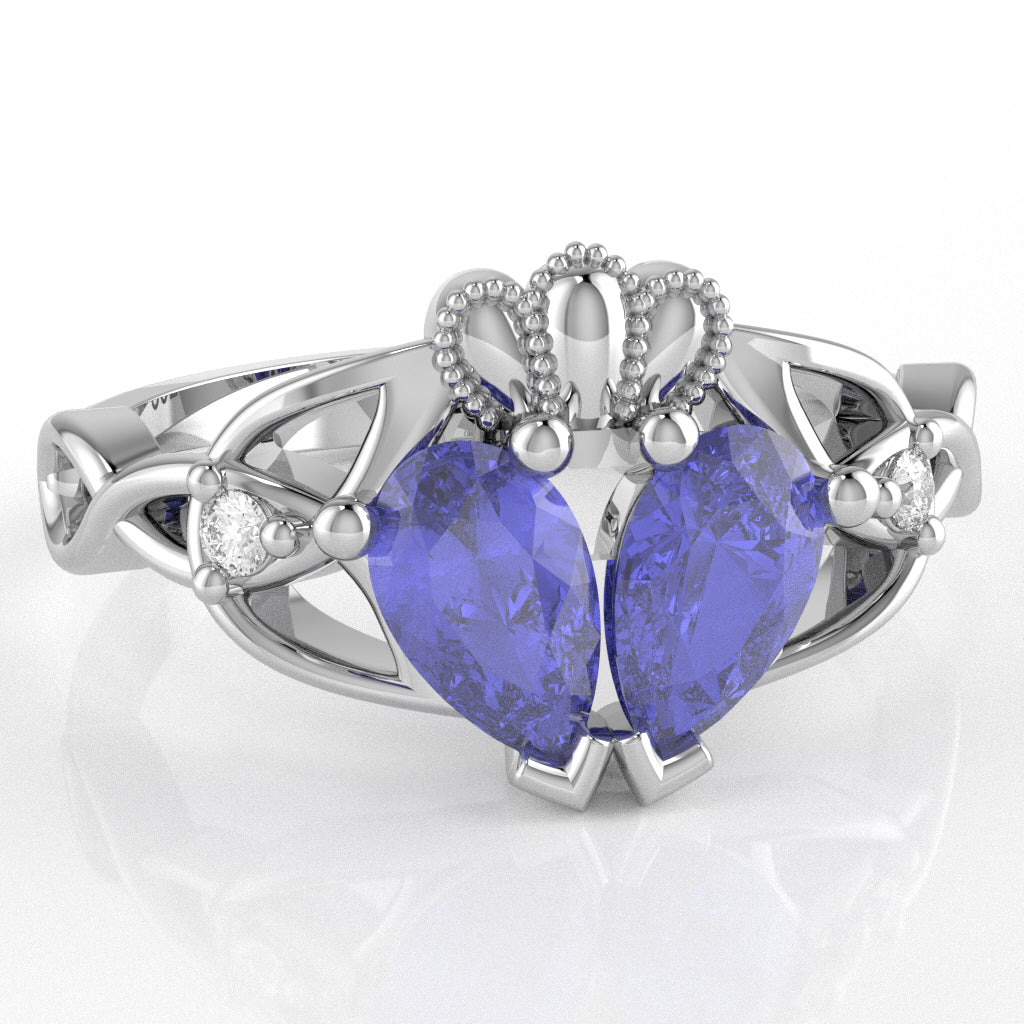 Tanzanite Diamond Celtic Knot Heart Claddagh Ring In 10k White Gold