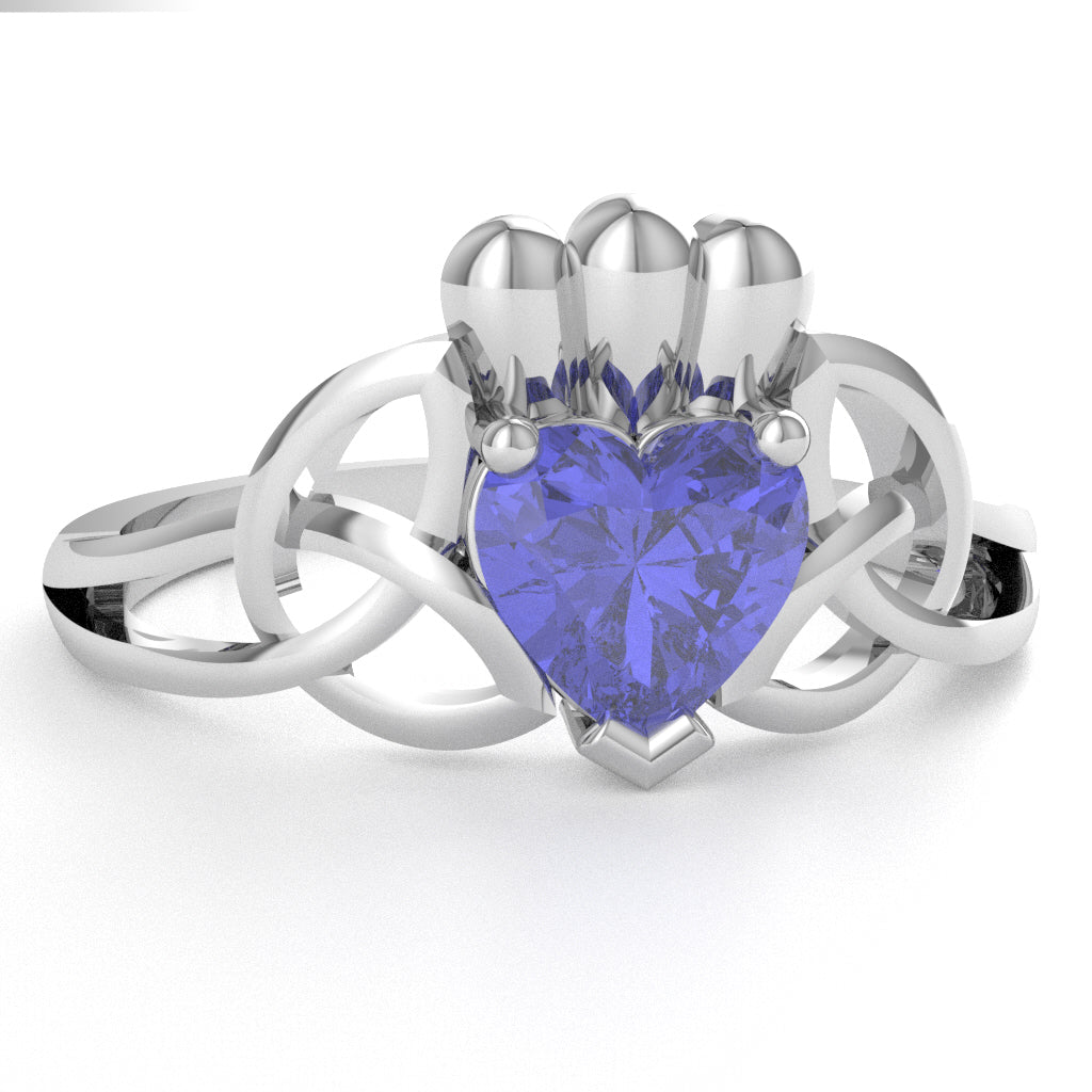 Celtic Trinity Knot Claddagh Tanzanite Engagement Ring In 10k White Gold