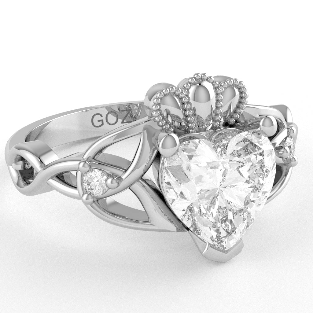 Celtic Trinity Knot Claddagh Heart White Topaz Diamond Ring In 14k White Gold