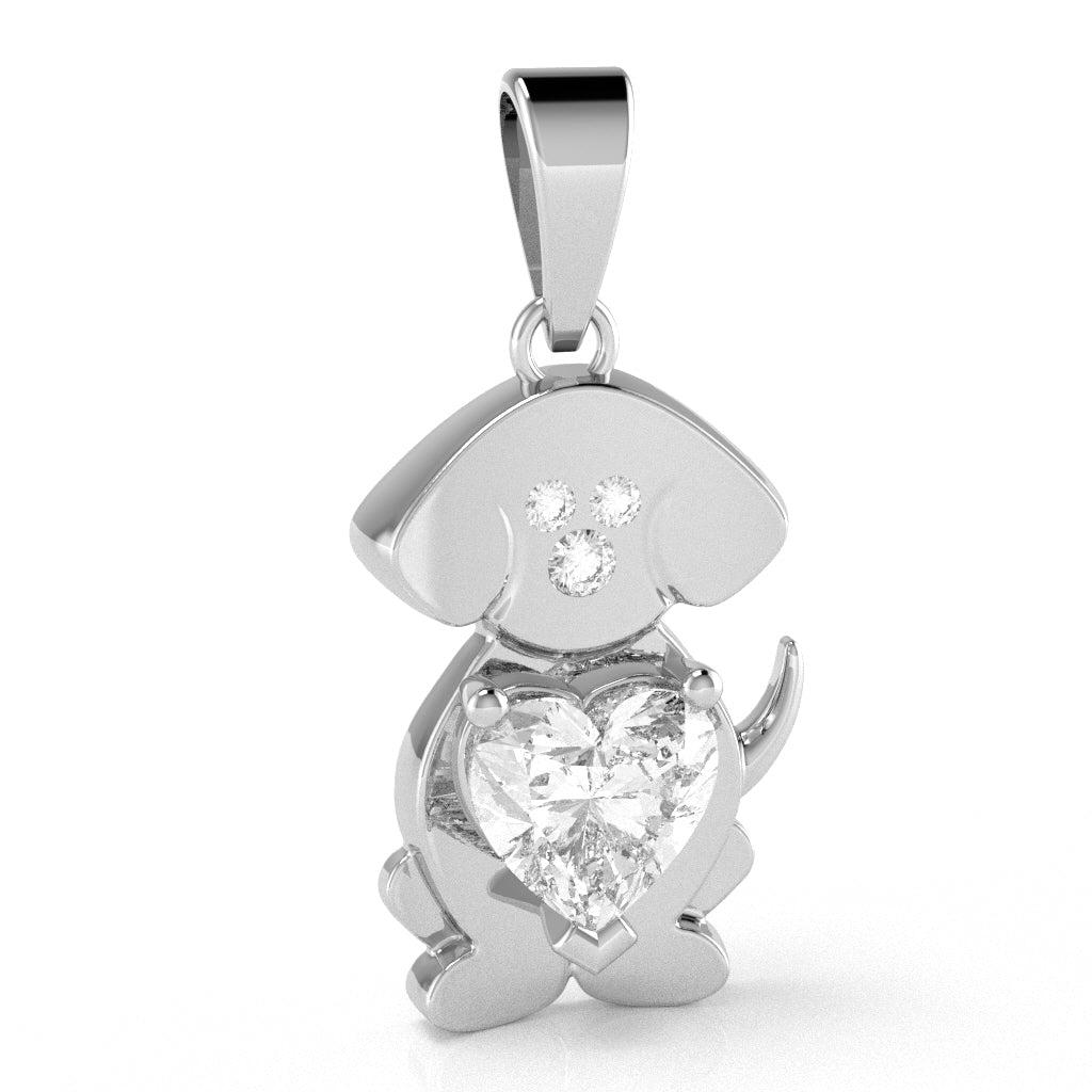 White Topaz Diamond  Puppy Love Heart Pendant In 14k White Gold