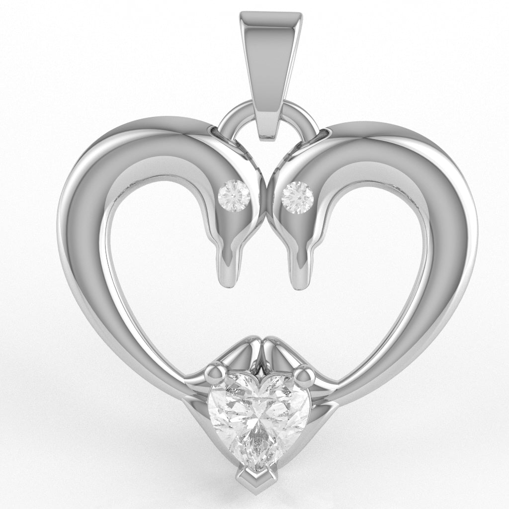 White Topaz Diamond  2 Dolphins Heart Love Pendant In 10k White Gold