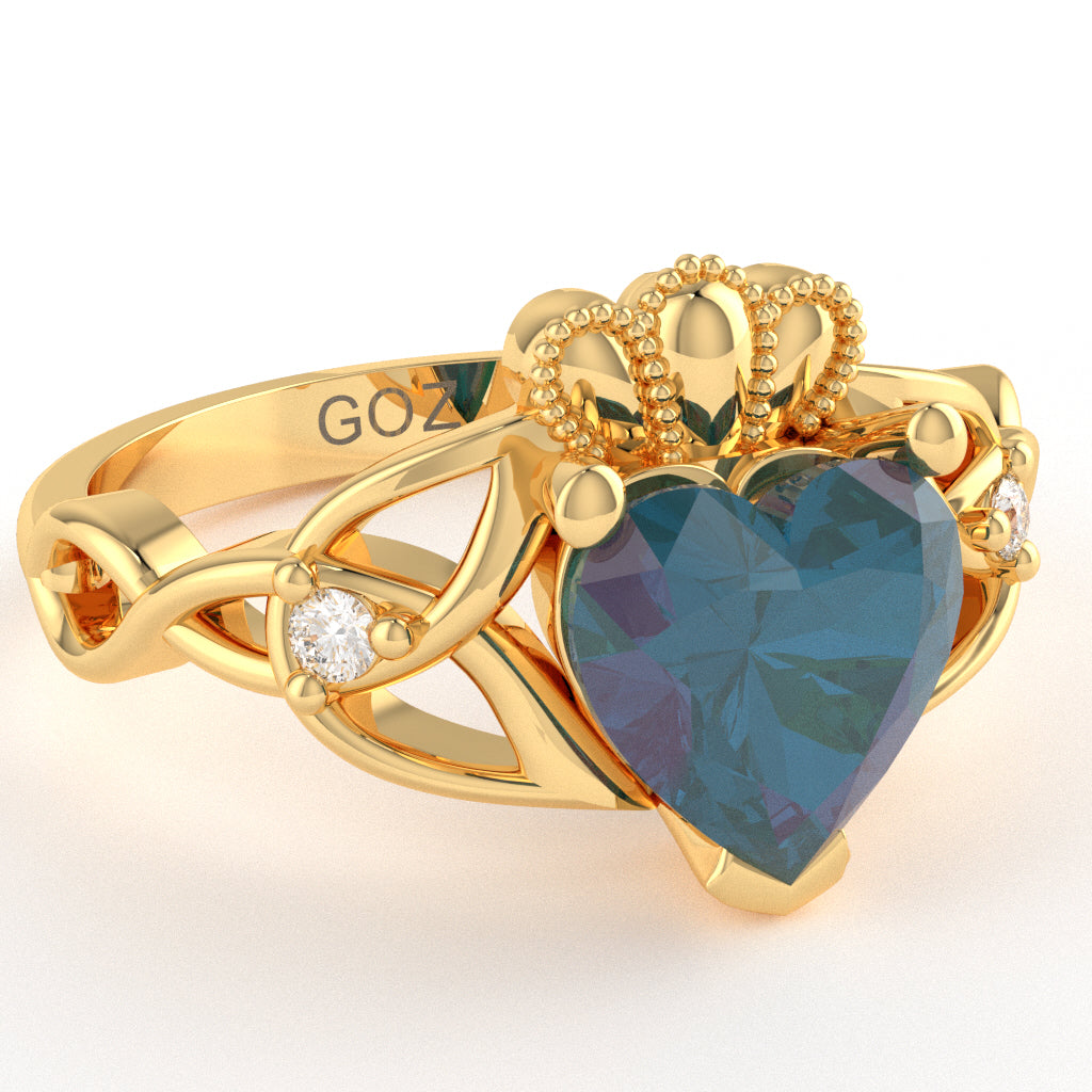 Celtic Trinity Knot Claddagh Heart Lab-Created Alexandrite Diamond Ring In 10k Yellow Gold