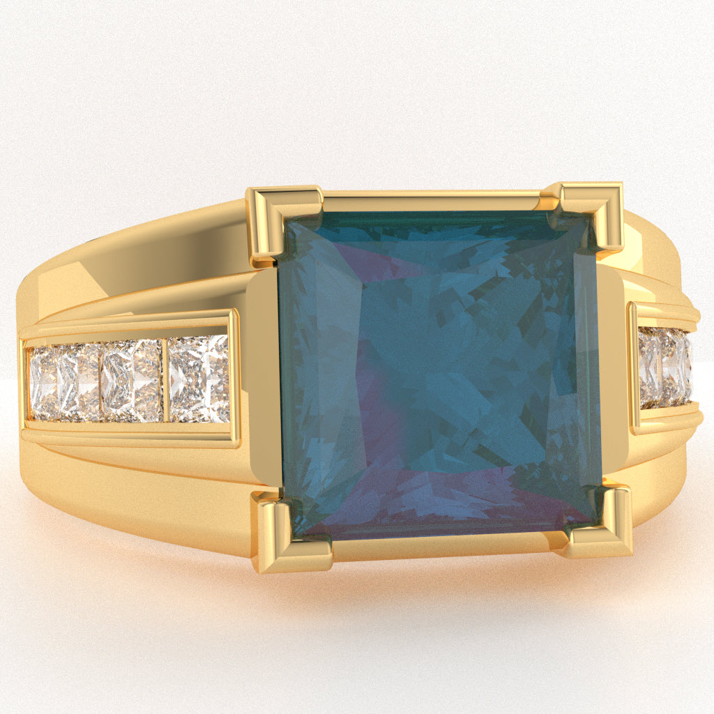 Men's Big Daddy Lab-Created Alexandrite Lab-Grown Diamond Channel Ring In Solid 14k Yellow Gold