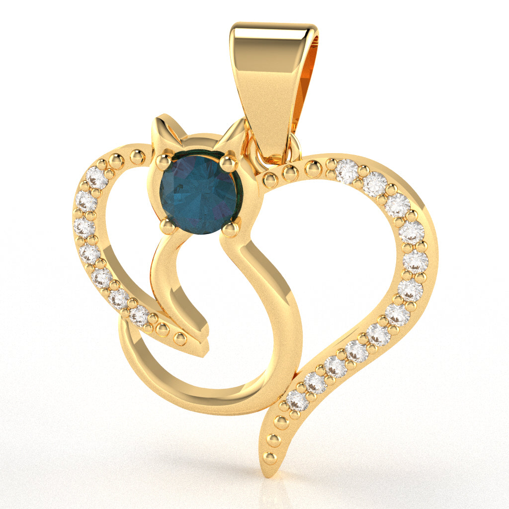 Lab-Created Alexandrite Diamond  Cat Love Heart Pendant In 10k Yellow Gold