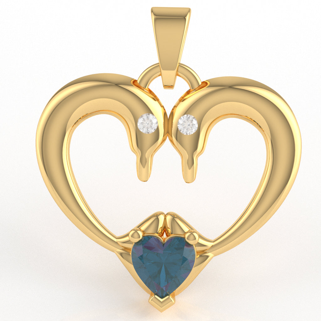 Lab-Created Alexandrite Diamond  2 Dolphins Heart Love Pendant In 14k Yellow Gold