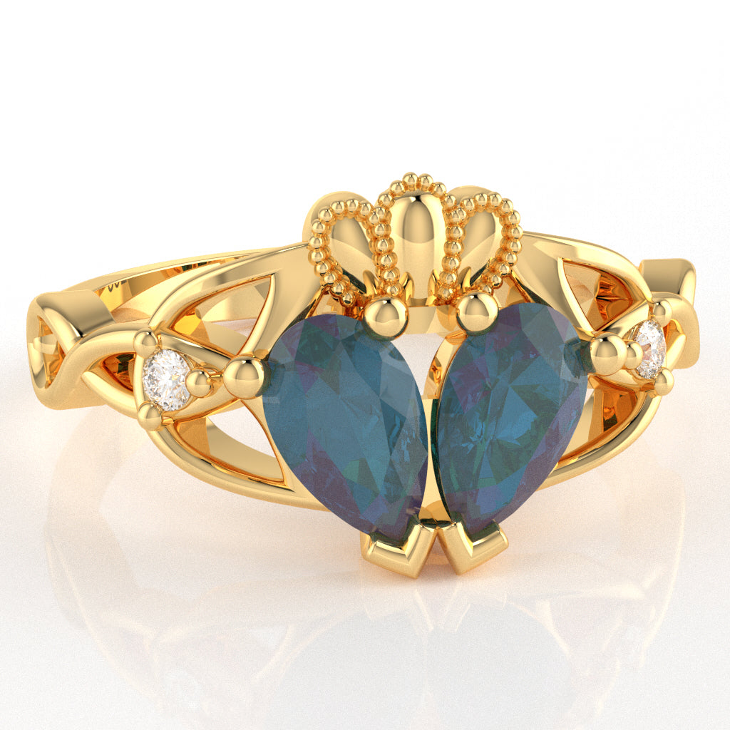Lab-Created Alexandrite Diamond Celtic Knot Heart Claddagh Ring In 10k Yellow Gold