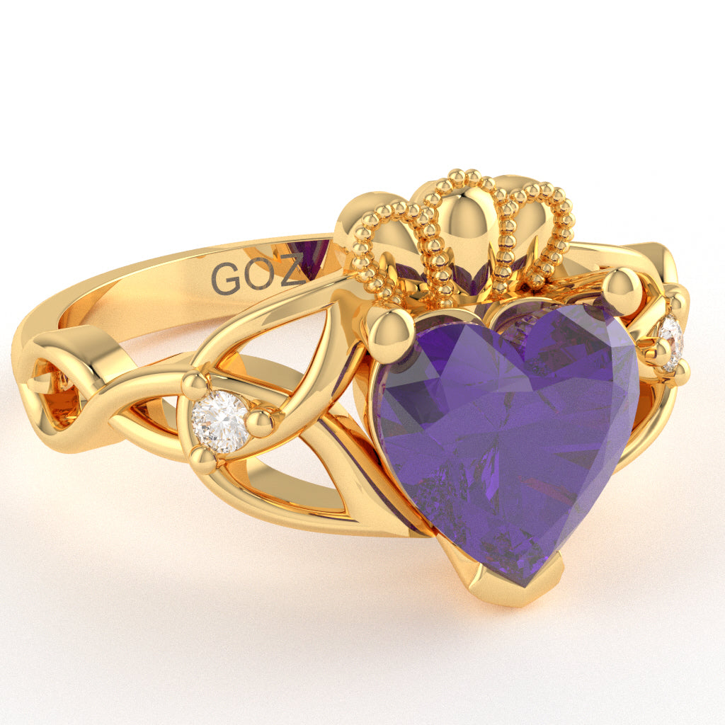 Celtic Trinity Knot Claddagh Heart Amethyst Diamond Ring In 14k Yellow Gold