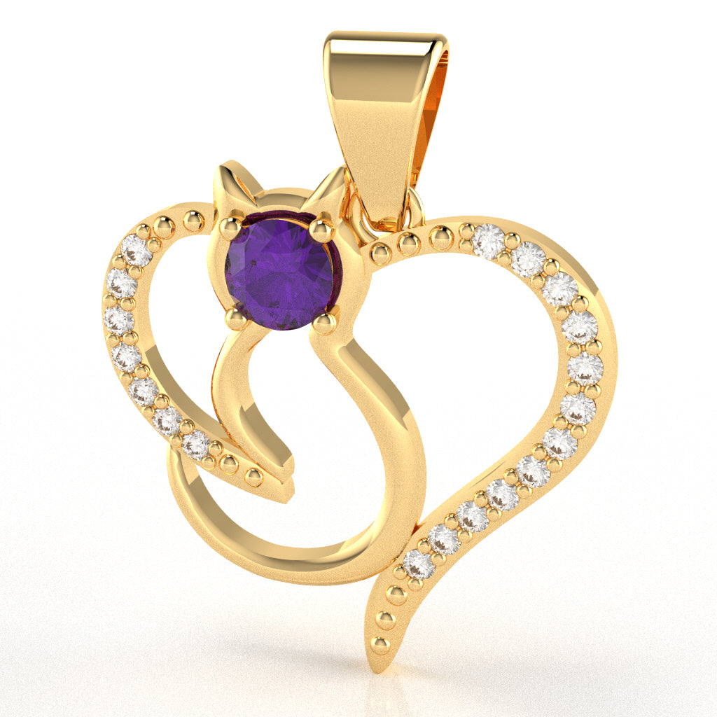Amethyst Diamond  Cat Love Heart Pendant In 10k Yellow Gold