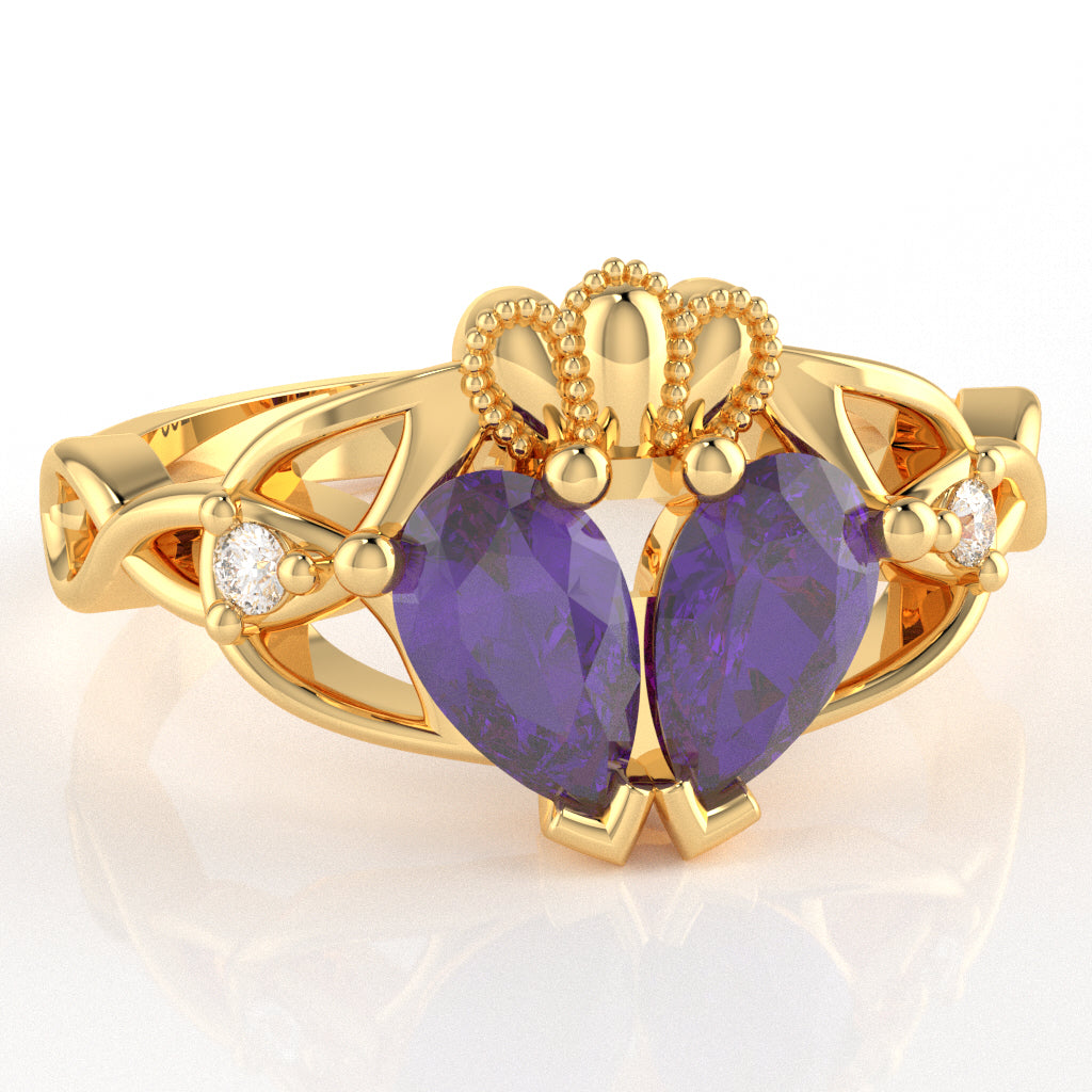 Amethyst Diamond Celtic Knot Heart Claddagh Ring In 14k Yellow Gold