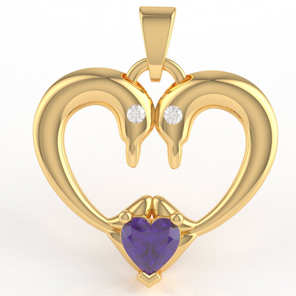 Amethyst Diamond  2 Dolphins Heart Love Pendant In 14k Yellow Gold