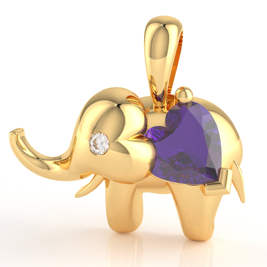 Amethyst Diamond Elephant Heart Birthstone Pendant In 14k Yellow Gold