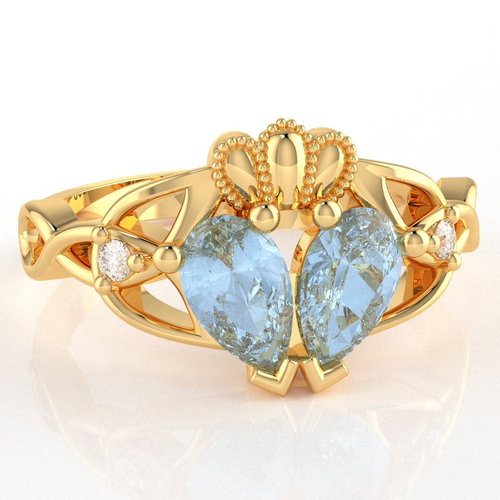 Aquamarine Diamond Celtic Knot Heart Claddagh Ring In 14k Yellow Gold