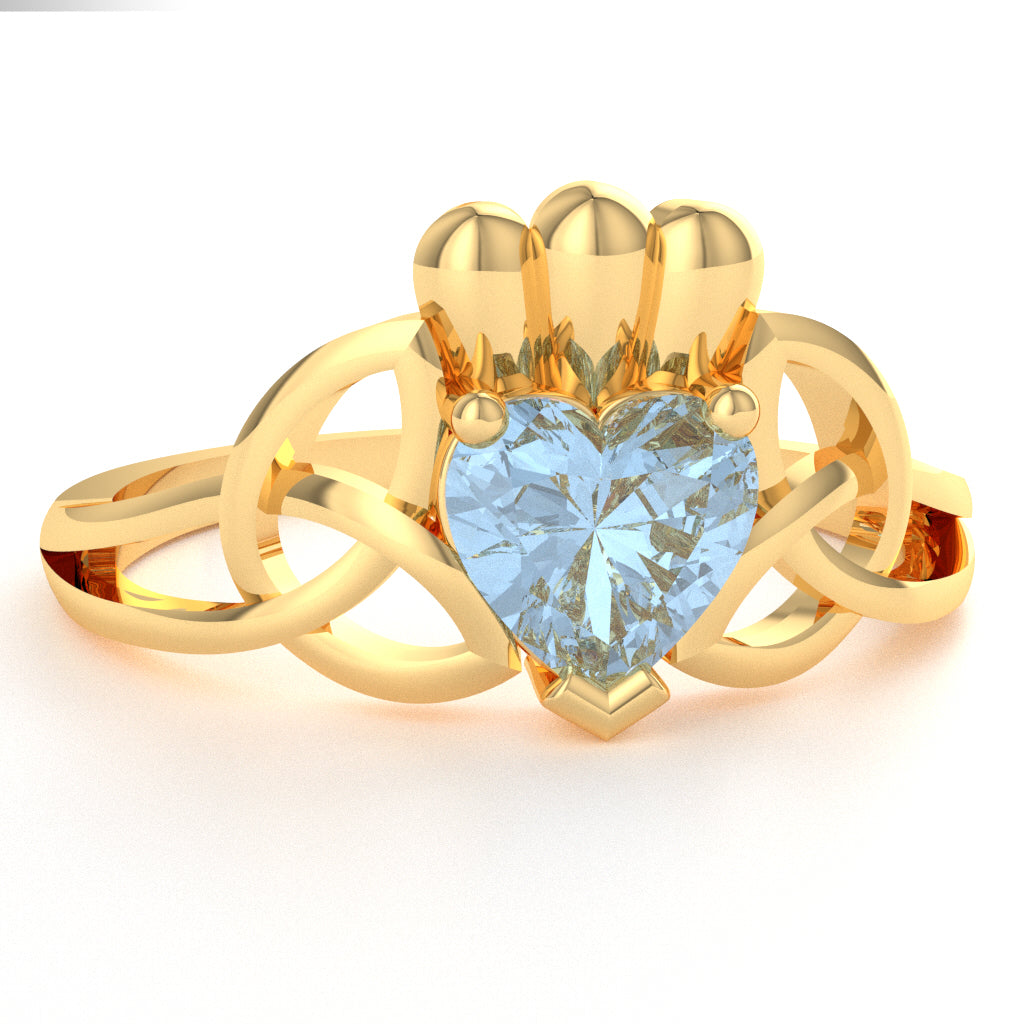 Celtic Trinity Knot Claddagh Aquamarine Engagement Ring In 14k Yellow Gold