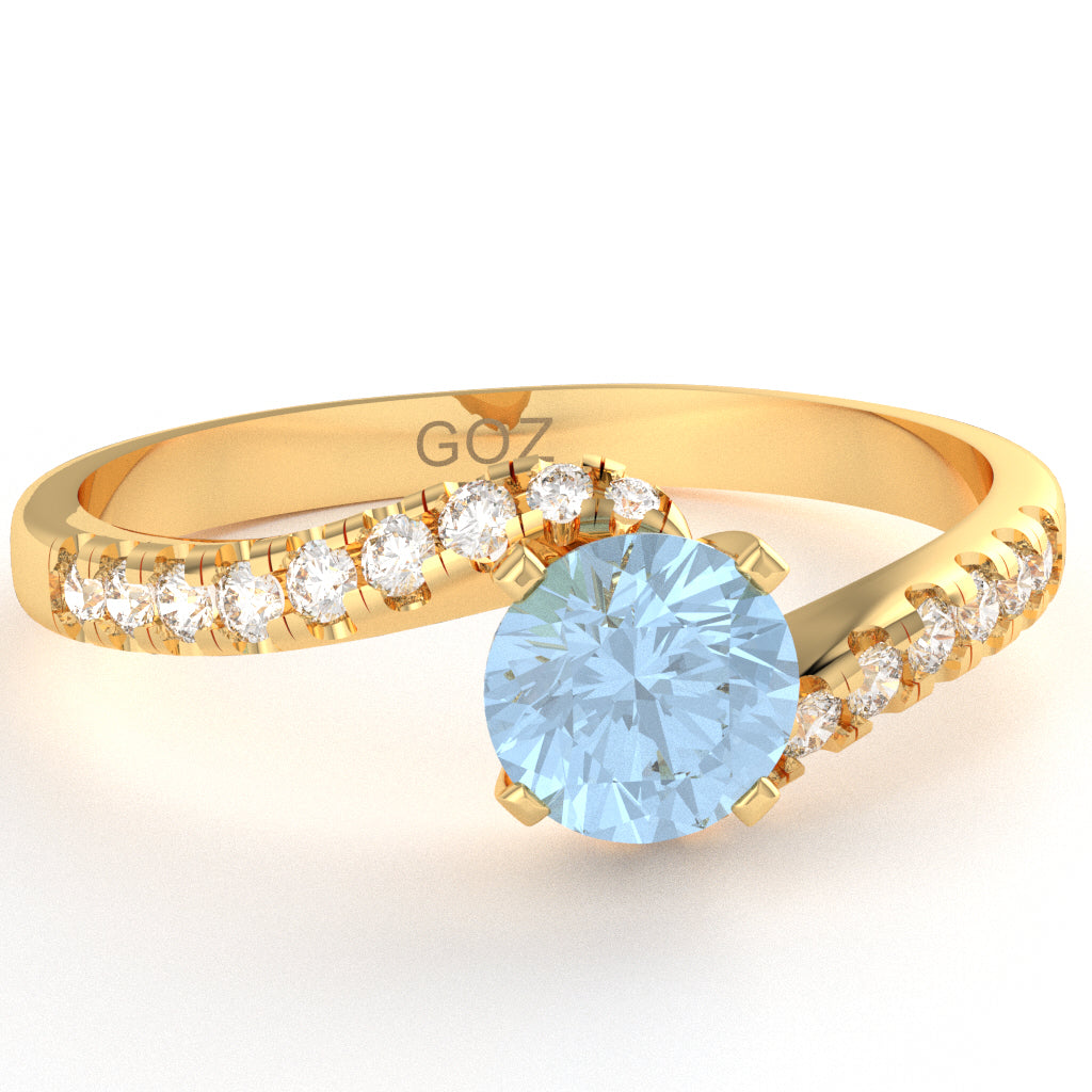 Aquamarine Diamond Curly Dainty Engagement Ring In 10k Yellow Gold