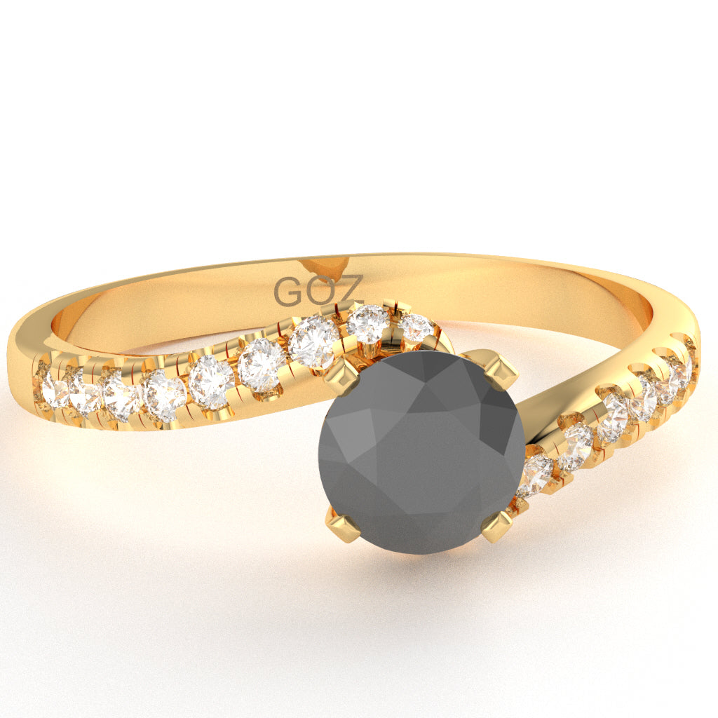 Black Onyx Diamond Curly Dainty Engagement Ring In 14k Yellow Gold