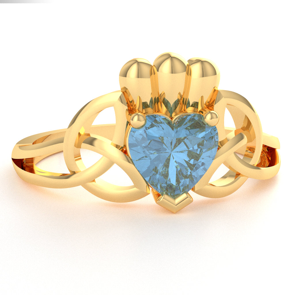 Celtic Trinity Knot Claddagh Blue Topaz Engagement Ring In 14k Yellow Gold