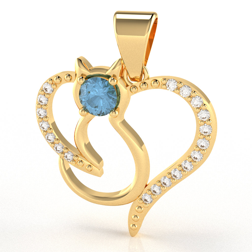 Blue Topaz Diamond  Cat Love Heart Pendant In 14k Yellow Gold