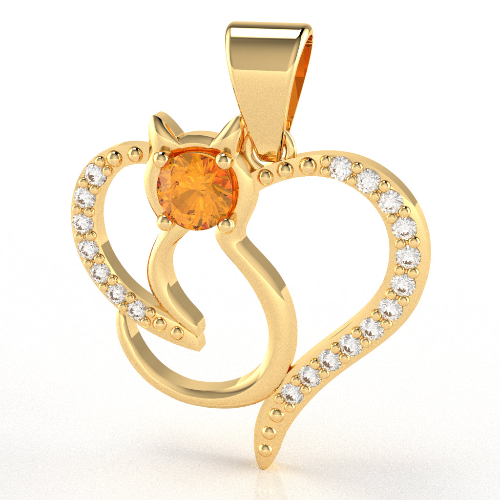 Citrine Diamond  Cat Love Heart Pendant In 14k Yellow Gold