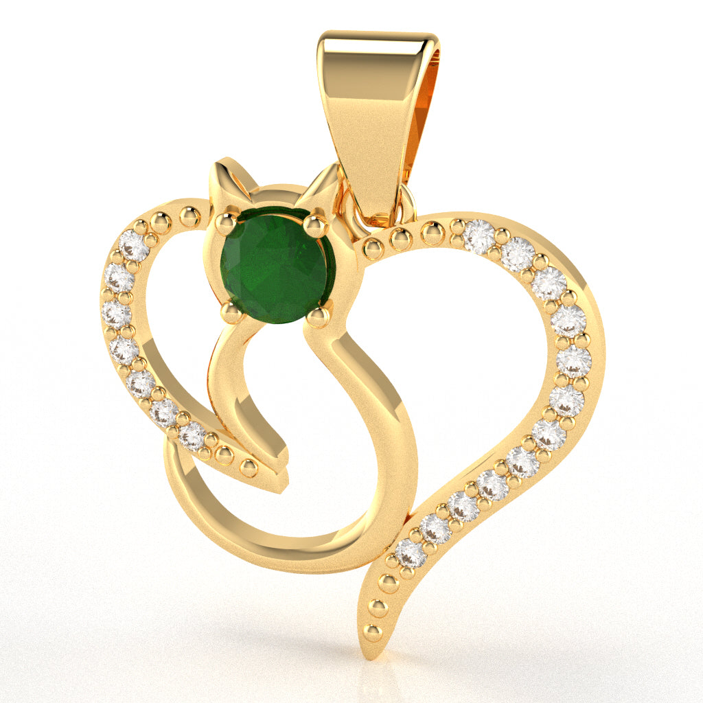 Emerald Diamond  Cat Love Heart Pendant In 14k Yellow Gold