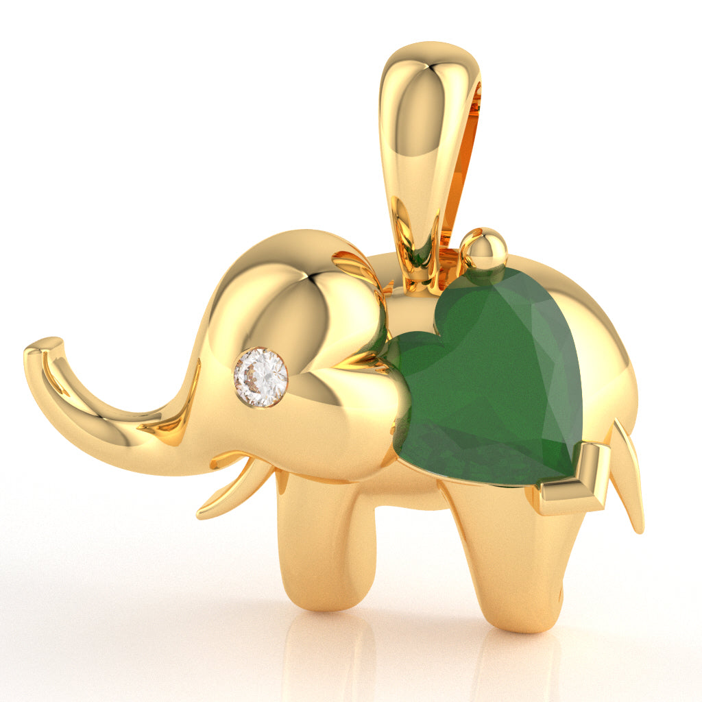Emerald Diamond Elephant Heart Birthstone Pendant In 10k Yellow Gold