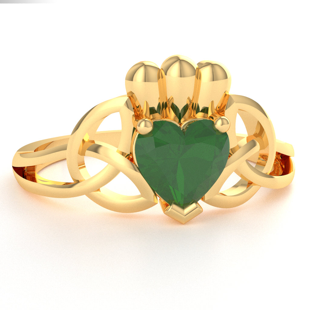Celtic Trinity Knot Claddagh Emerald Engagement Ring In 10k Yellow Gold