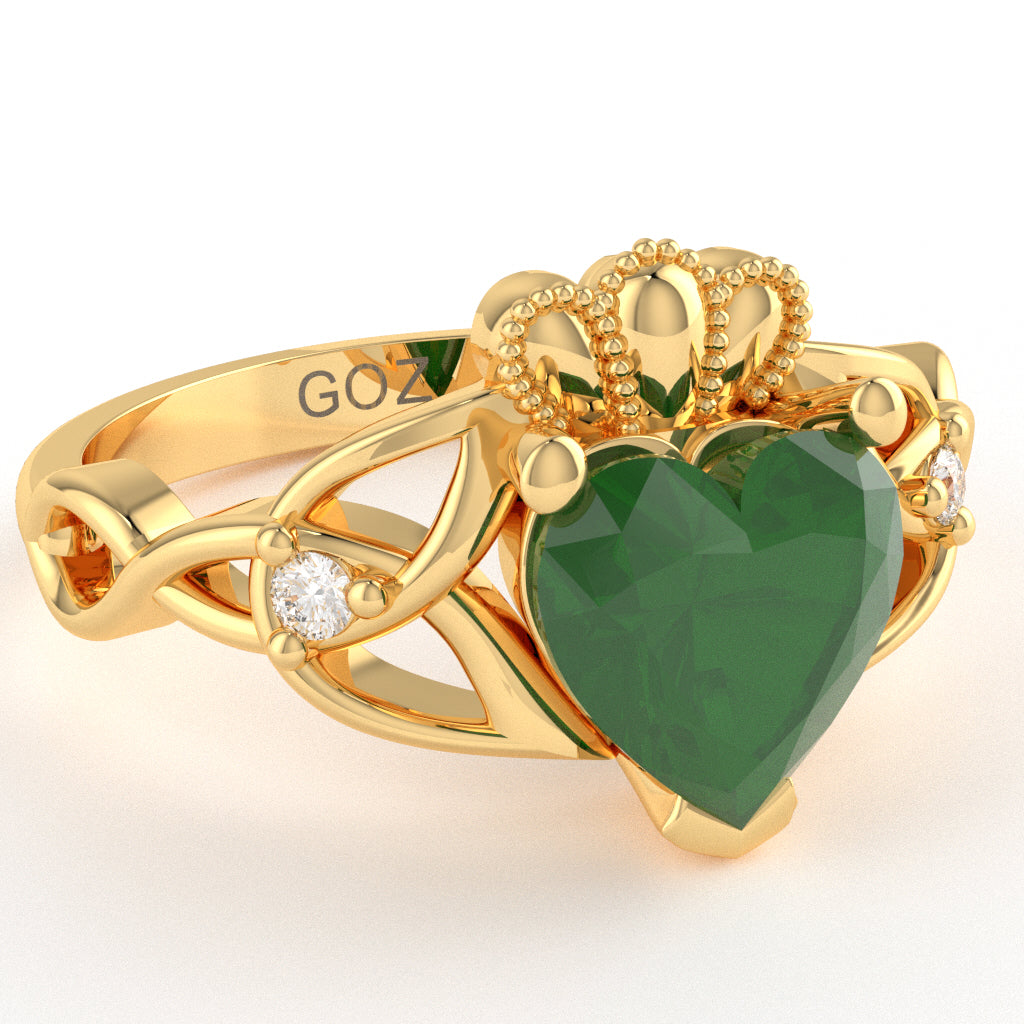 Celtic Trinity Knot Claddagh Heart Emerald Diamond Ring In 14k Yellow Gold