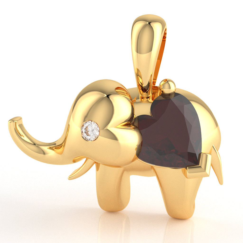 Garnet Diamond Elephant Heart Birthstone Pendant In 14k Yellow Gold