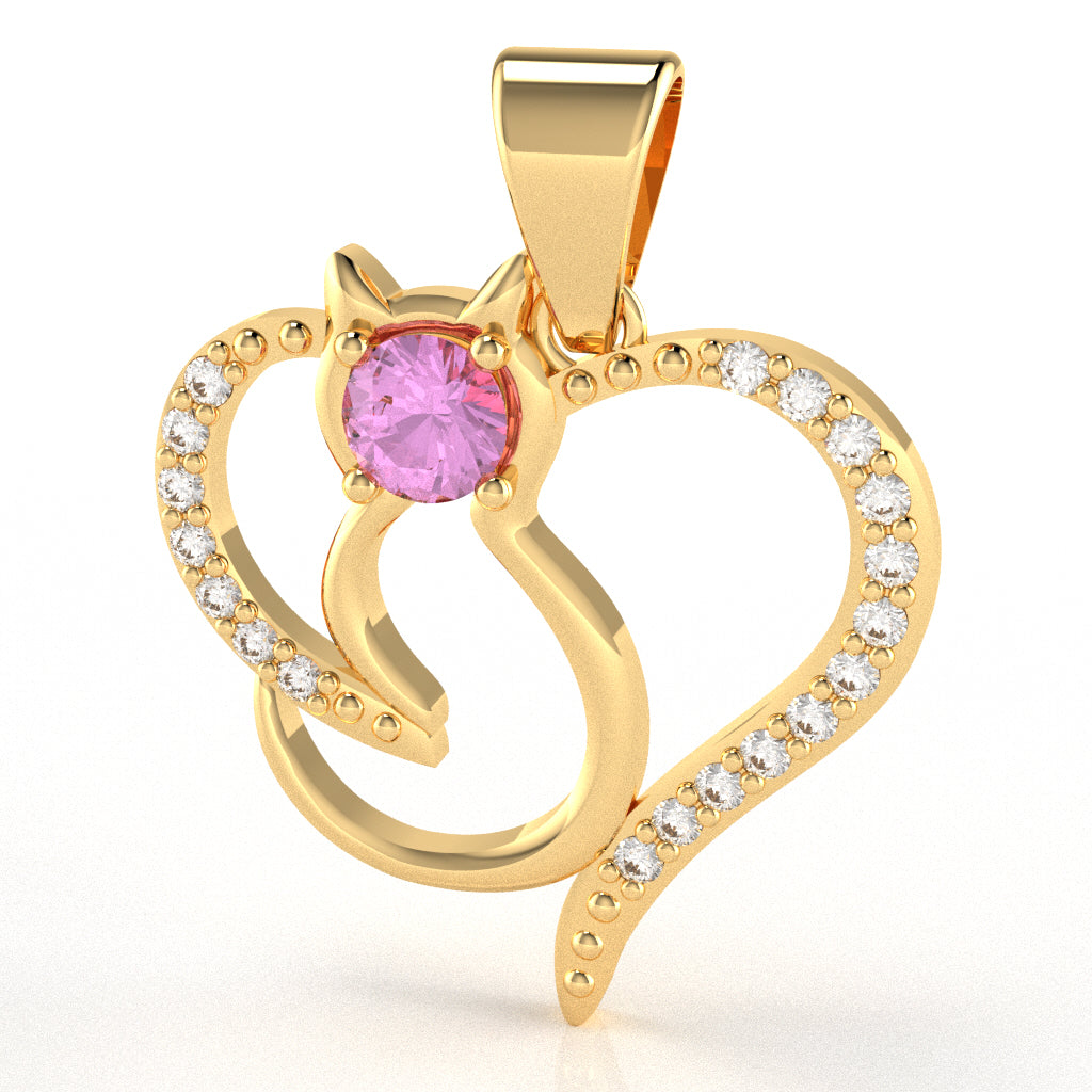 Lab-Created Pink Sapphire Diamond  Cat Love Heart Pendant In 10k Yellow Gold