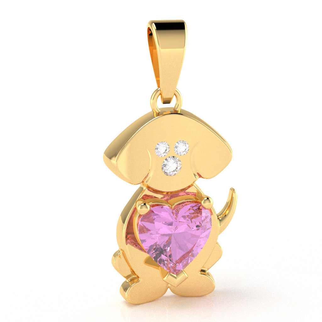 Lab-Created Pink Sapphire Diamond  Puppy Love Heart Pendant In 14k Yellow Gold