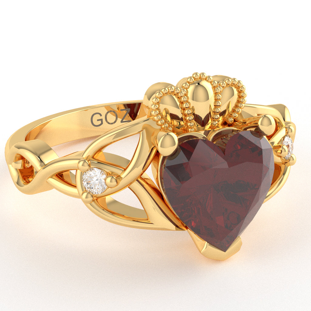 Celtic Trinity Knot Claddagh Heart Lab-Created Ruby Diamond Ring In 10k Yellow Gold