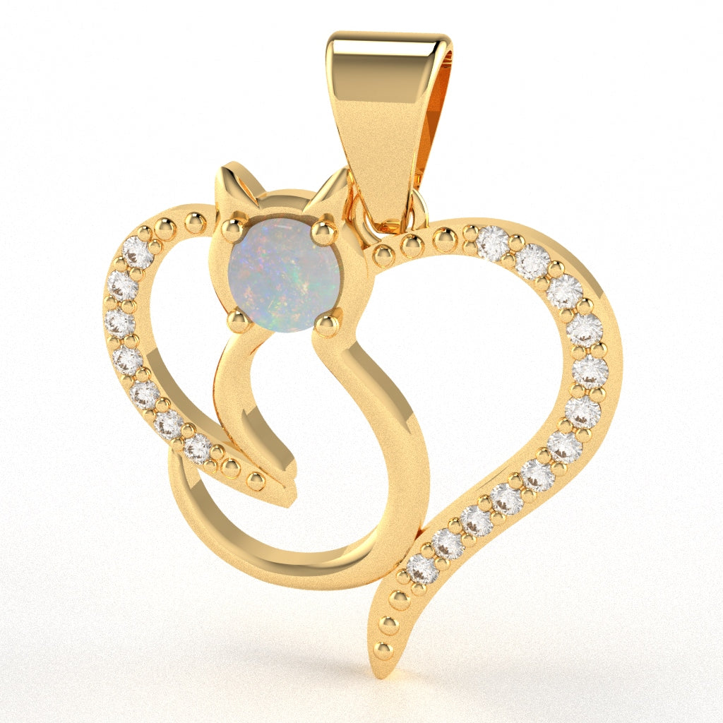 Opal Diamond  Cat Love Heart Pendant In 10k Yellow Gold