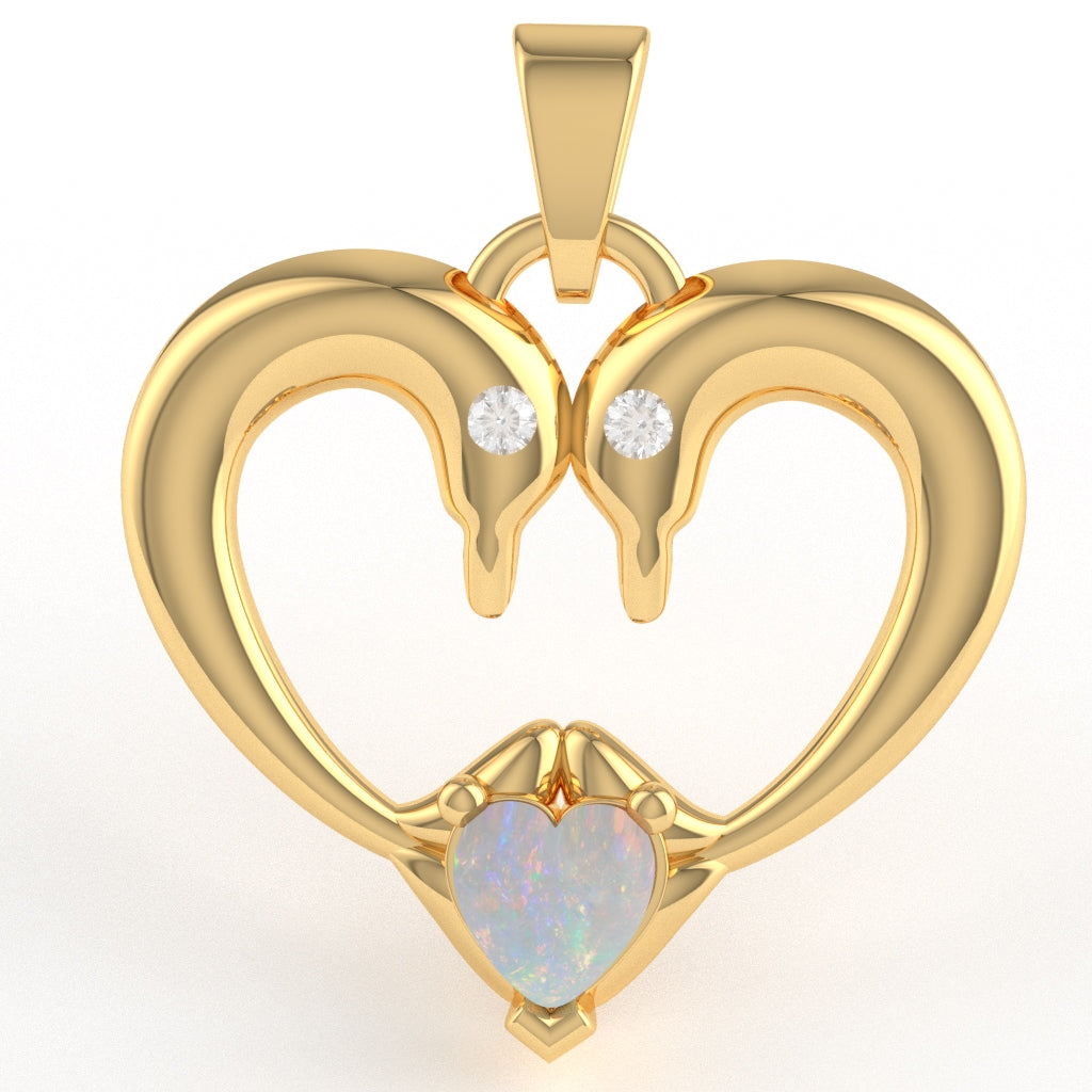 Opal Diamond  2 Dolphins Heart Love Pendant In 10k Yellow Gold