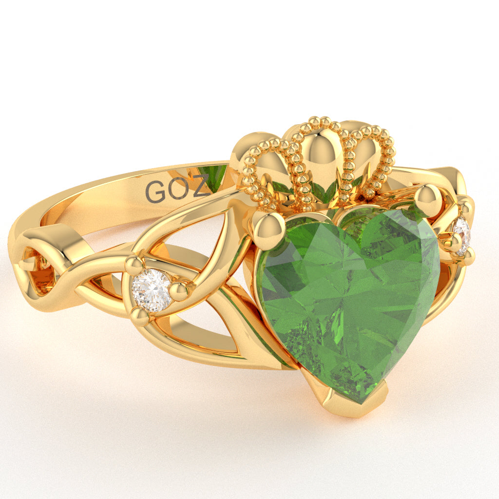 Celtic Trinity Knot Claddagh Heart Peridot Diamond Ring In 10k Yellow Gold