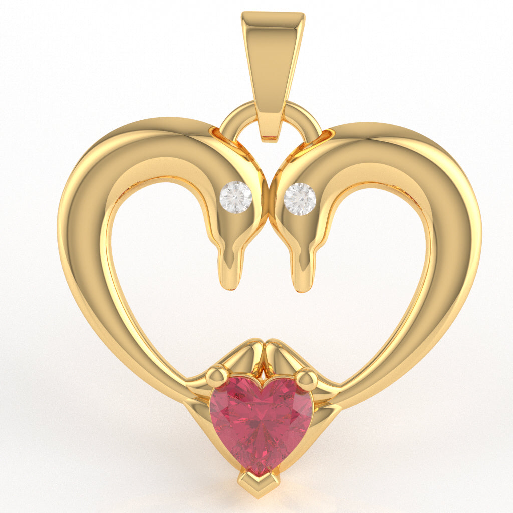 Pink Tourmaline Diamond  2 Dolphins Heart Love Pendant In 10k Yellow Gold
